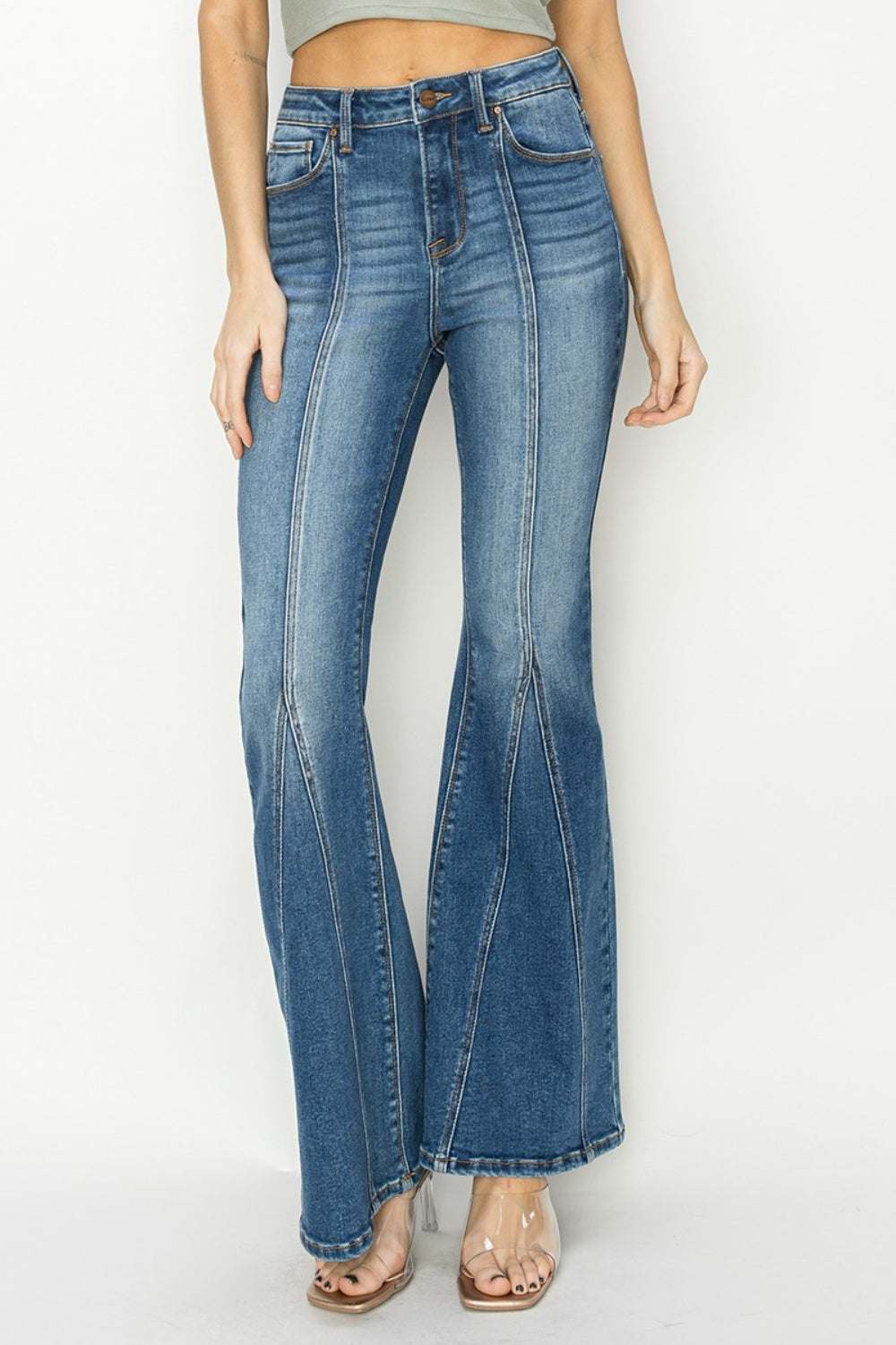 Full size high rise flare jeans with front seam detail and retro style.