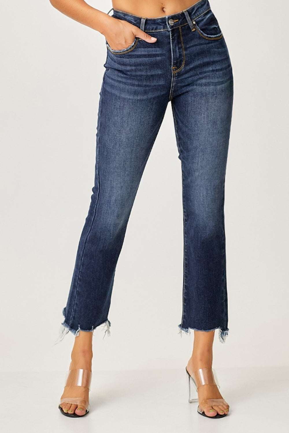Full size frayed hem cropped straight jeans with raw edge detail.