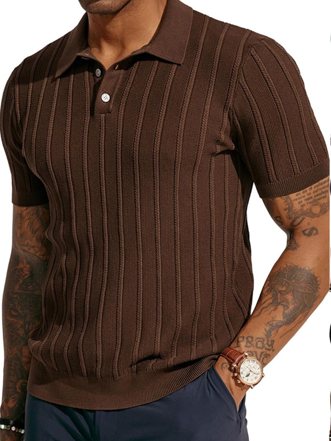 Men's full size button detail short sleeve polo, plus size, polyester, moderate stretch.