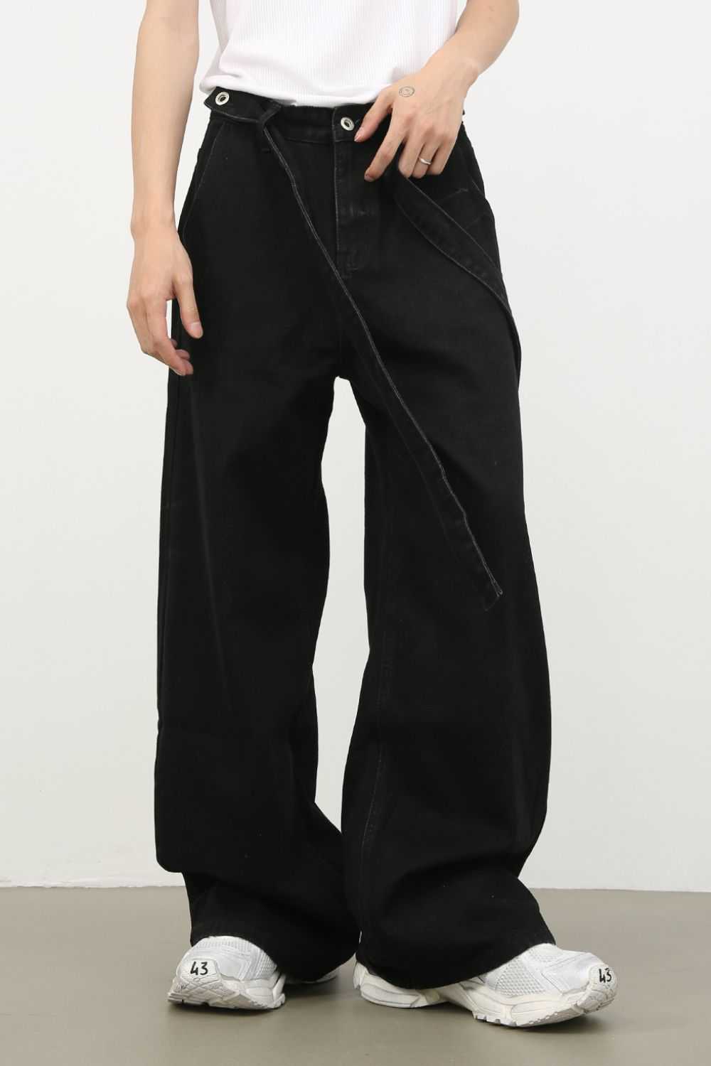 Men's mid rise wide leg jeans in black, basic style, no stretch, made from cotton, viscose, and polyester.
