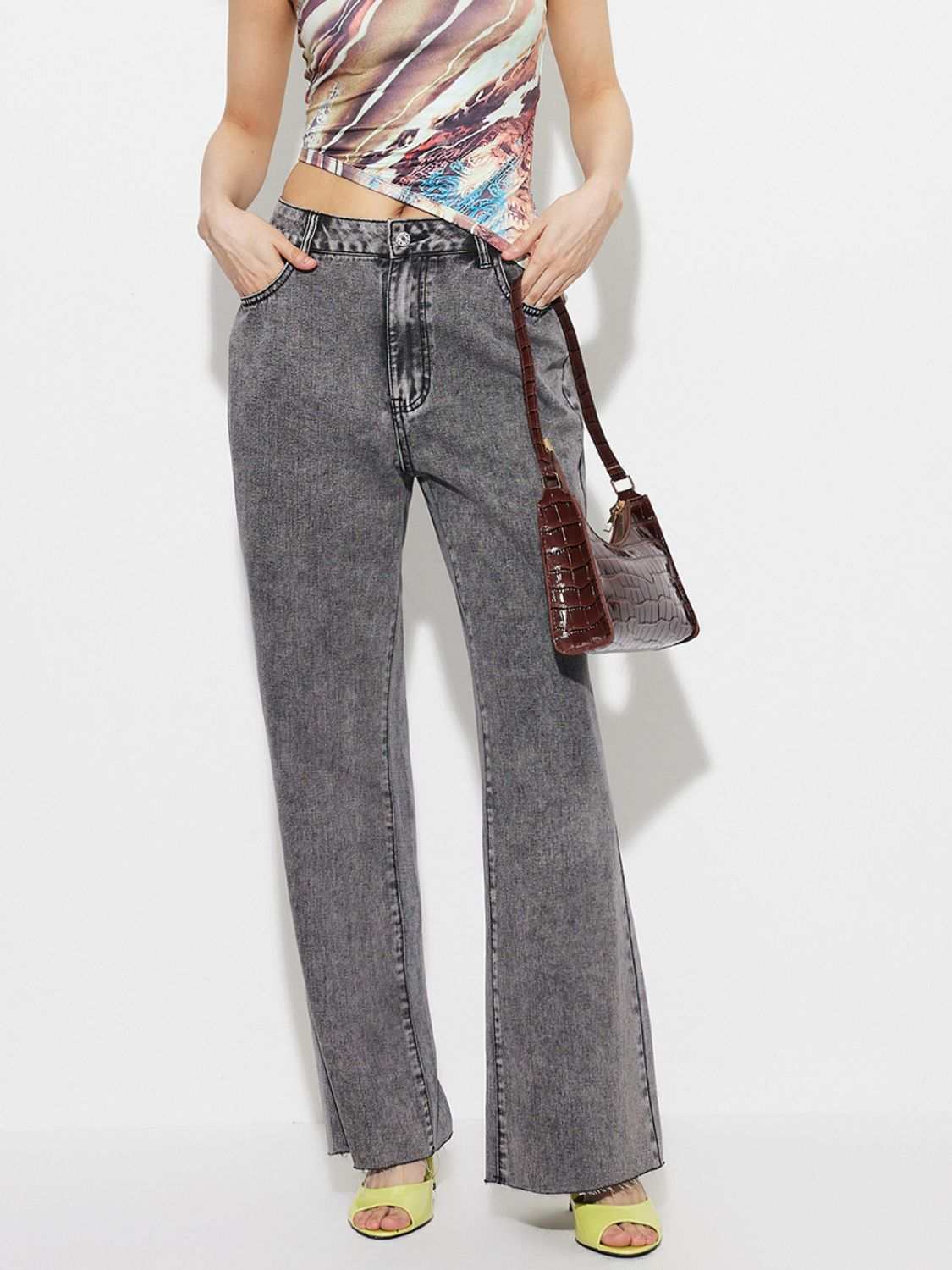 High waist bootcut jeans with pockets in gray, women's fashion.
