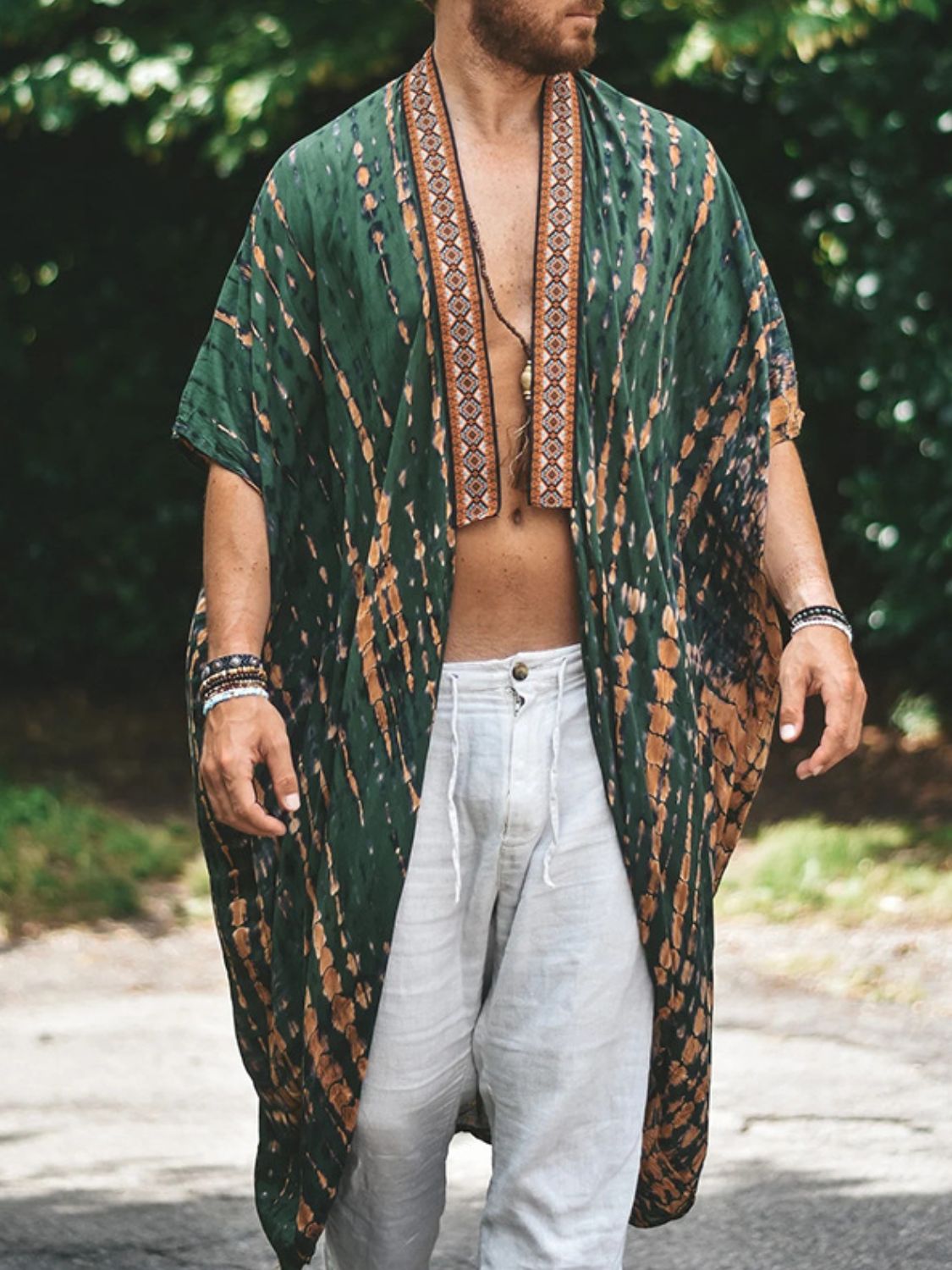 Men's plus size printed open front cover-up, lightweight, slightly stretchy, polyester-cotton blend.