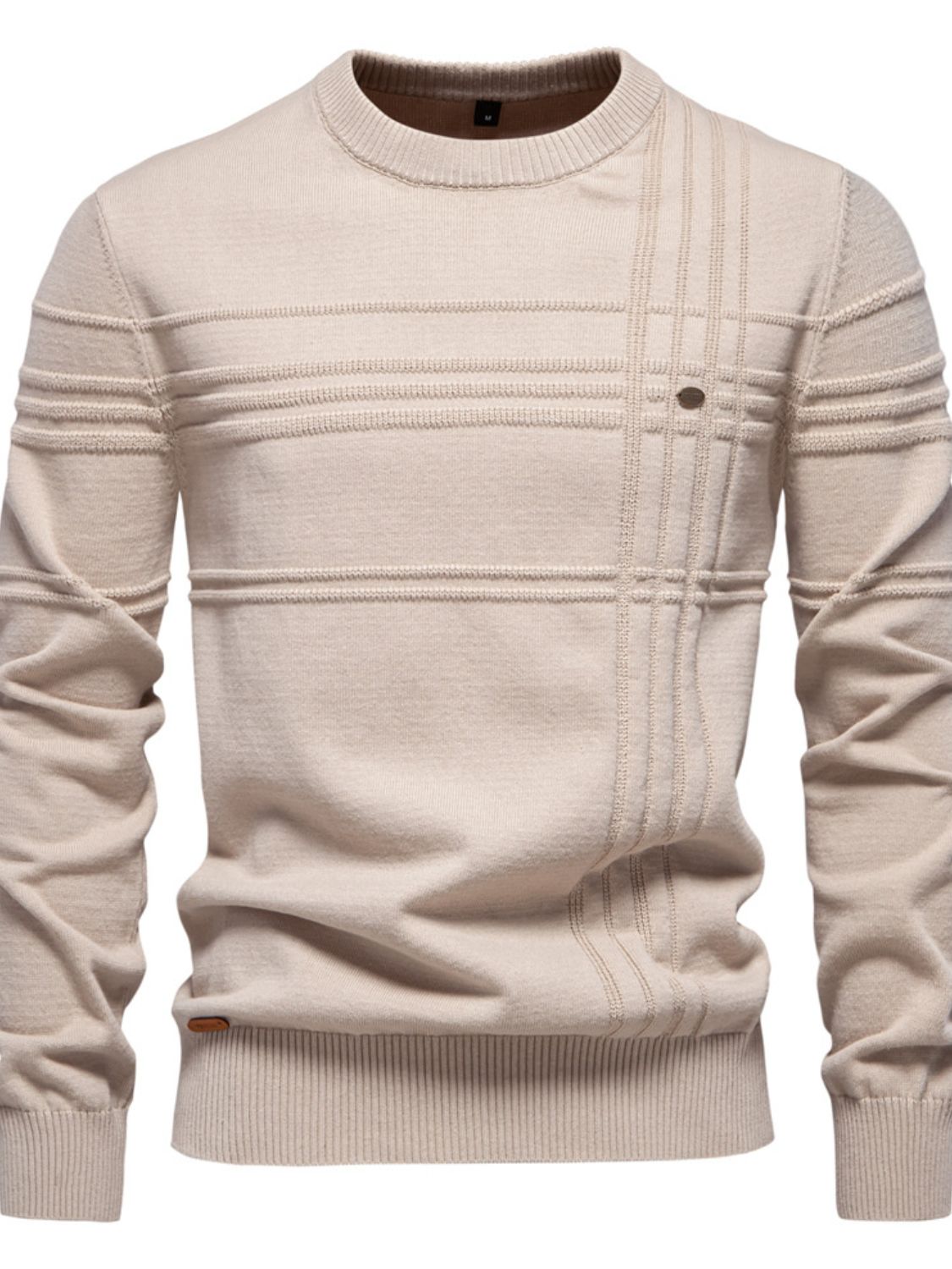 Men's round neck striped sweater in beige with moderate stretch, cotton-elastane blend.