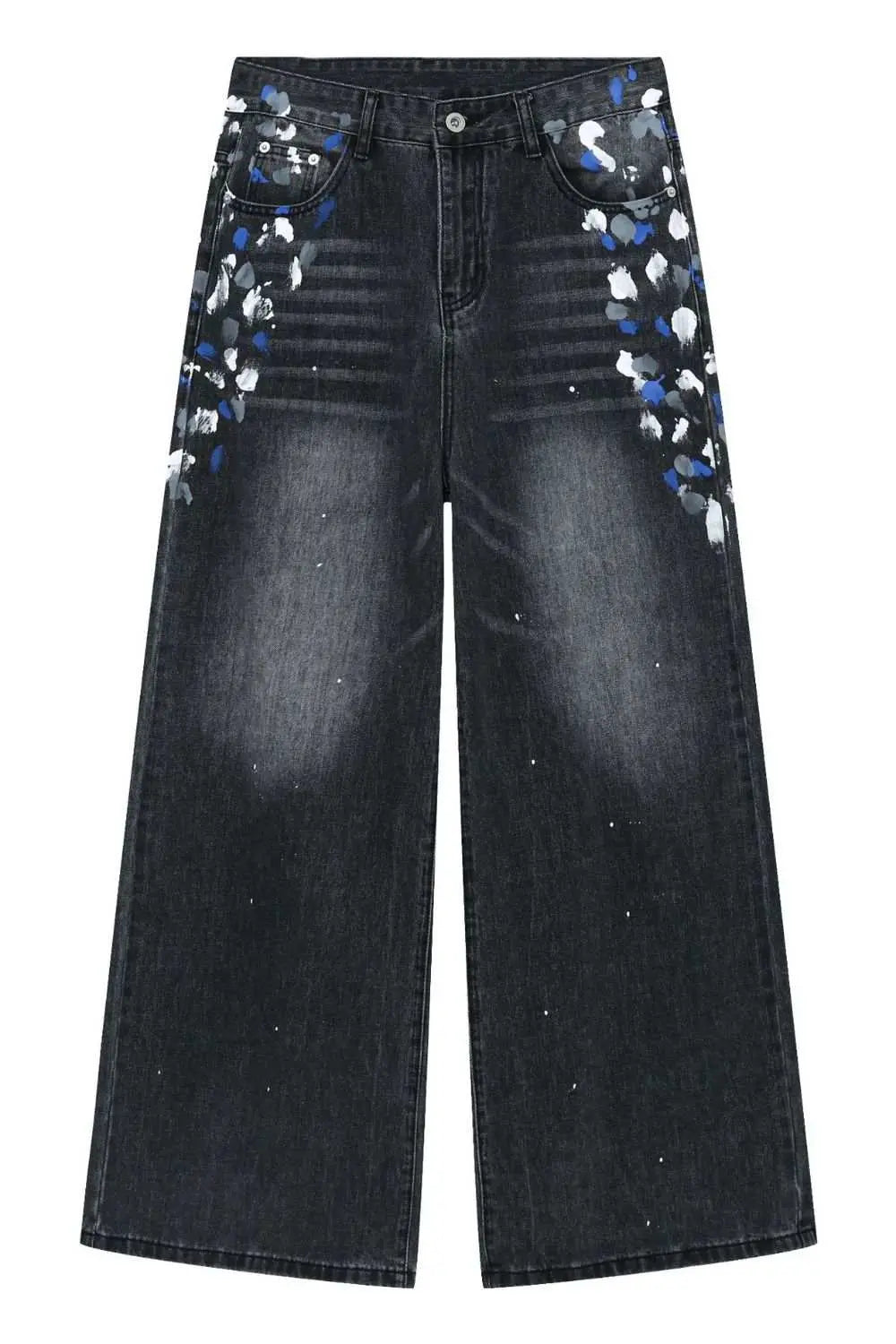 MENLL Black Floral Jeans Men's Casual Wide Leg Pants Comfortable Cotton Blend by MENLL