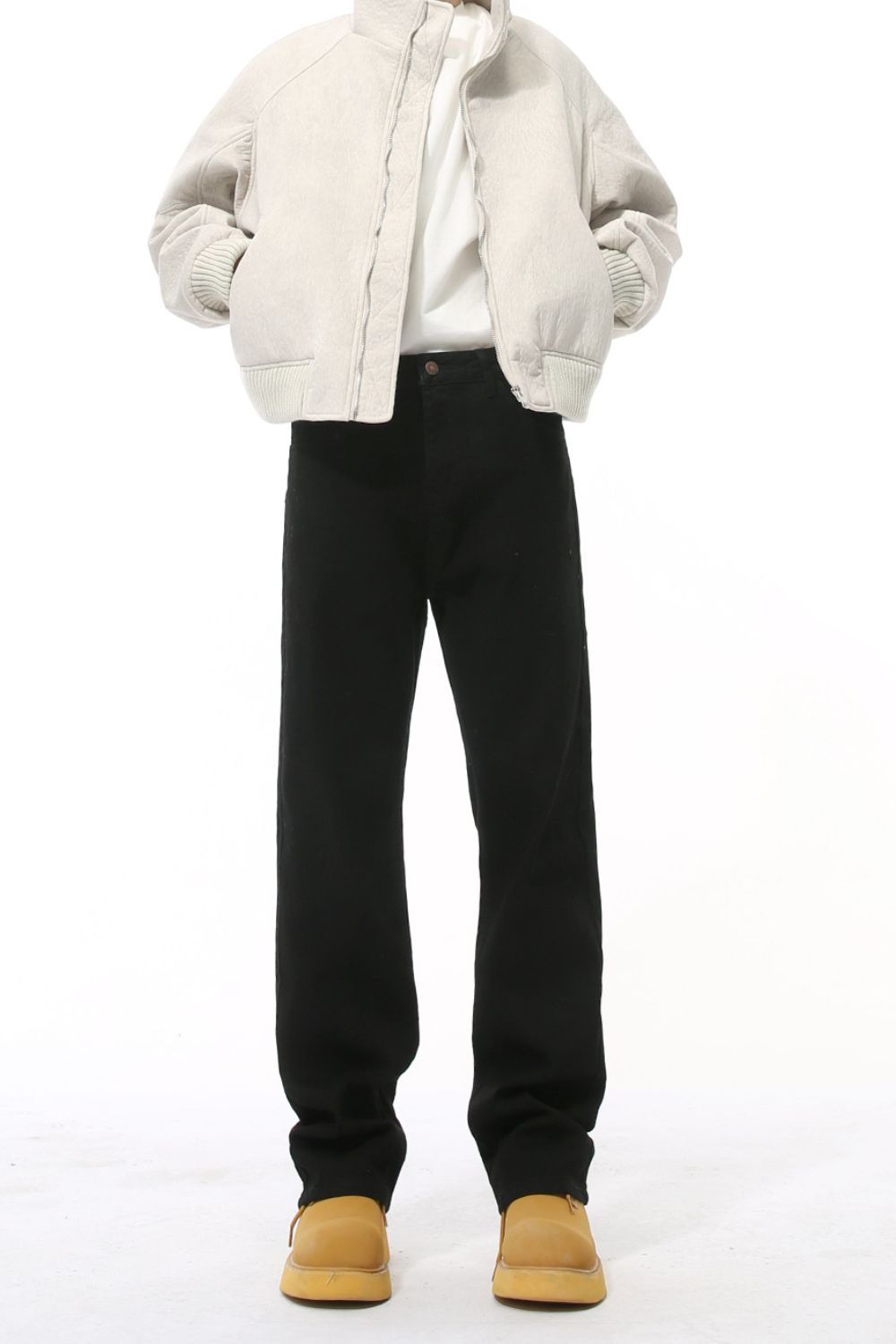 Side Zipper Slim Jeans in black, basic style with no stretch, made from cotton, viscose, and polyester.