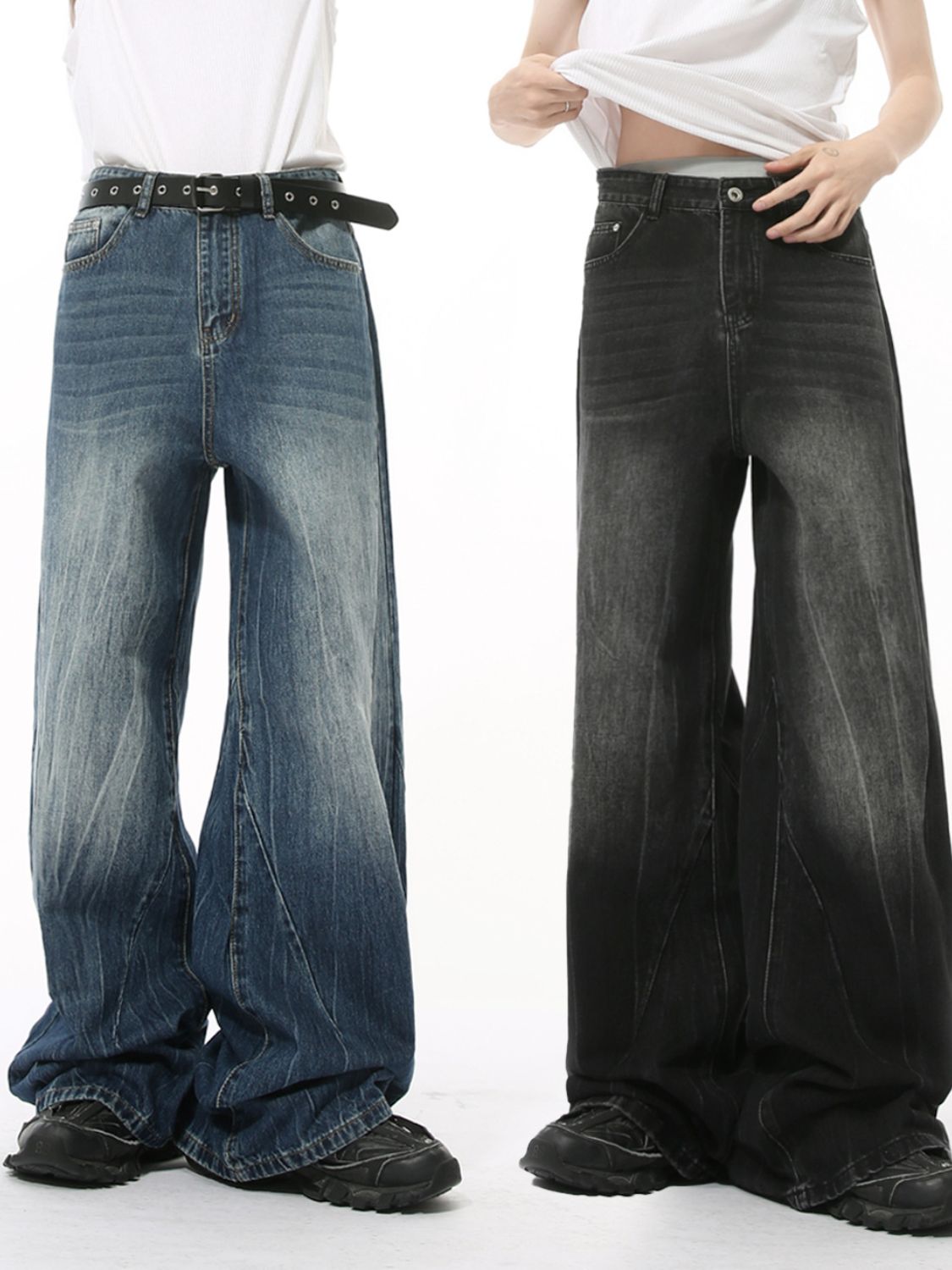 Washed lightning pattern wide leg jeans in blue and black, basic style, no stretch material.