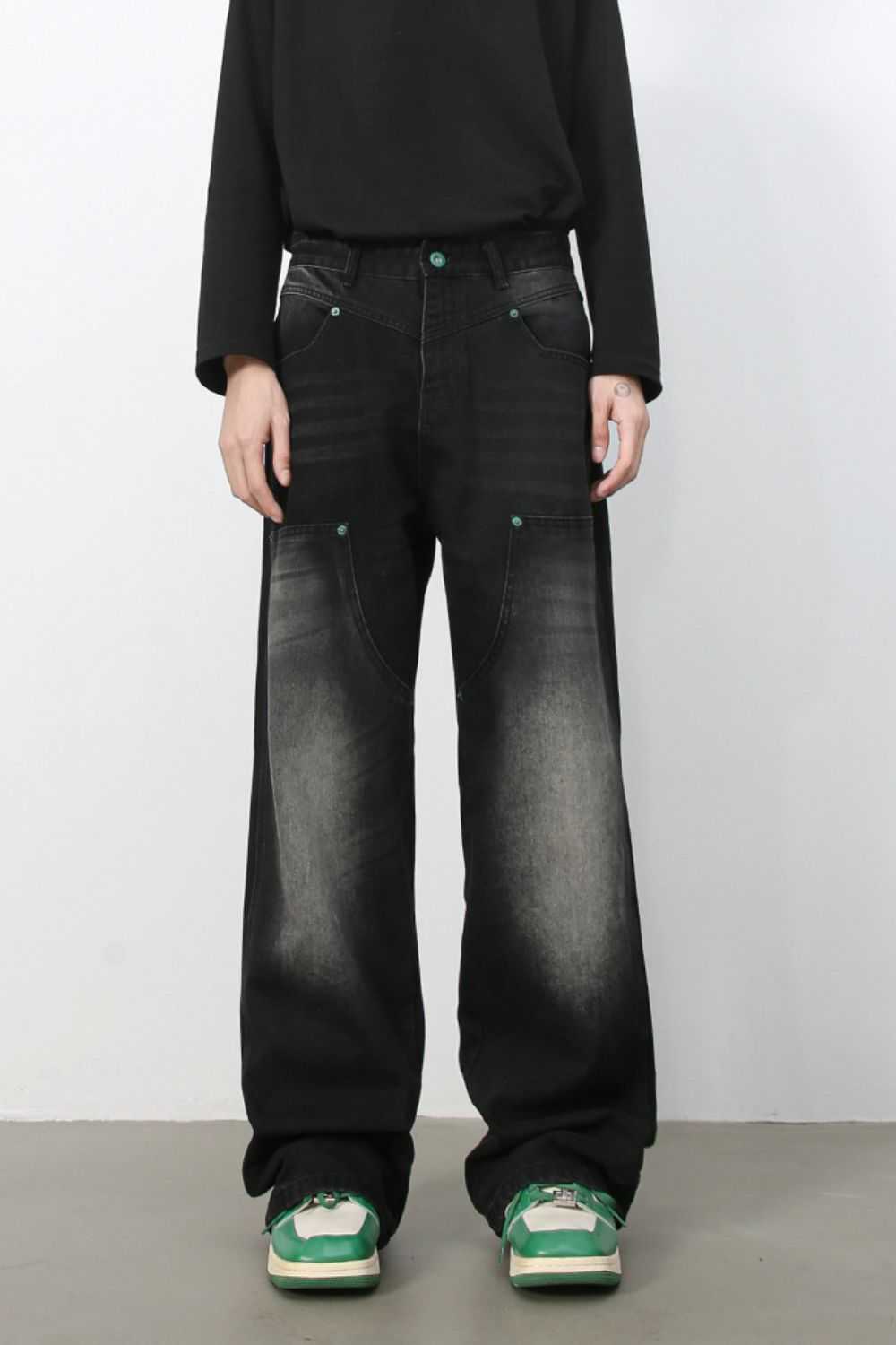 Men's wide leg jeans in black, basic style, no stretch, cotton blend.