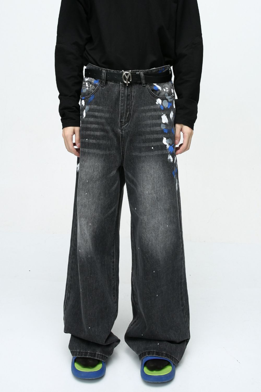 Watercolor Wide Leg Jeans with Pockets, featuring basic style and artistic design.