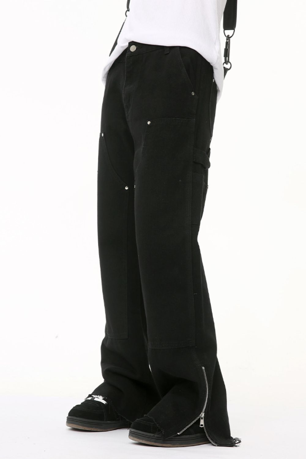 Men's raw hem bootcut jeans with zip-up sides.