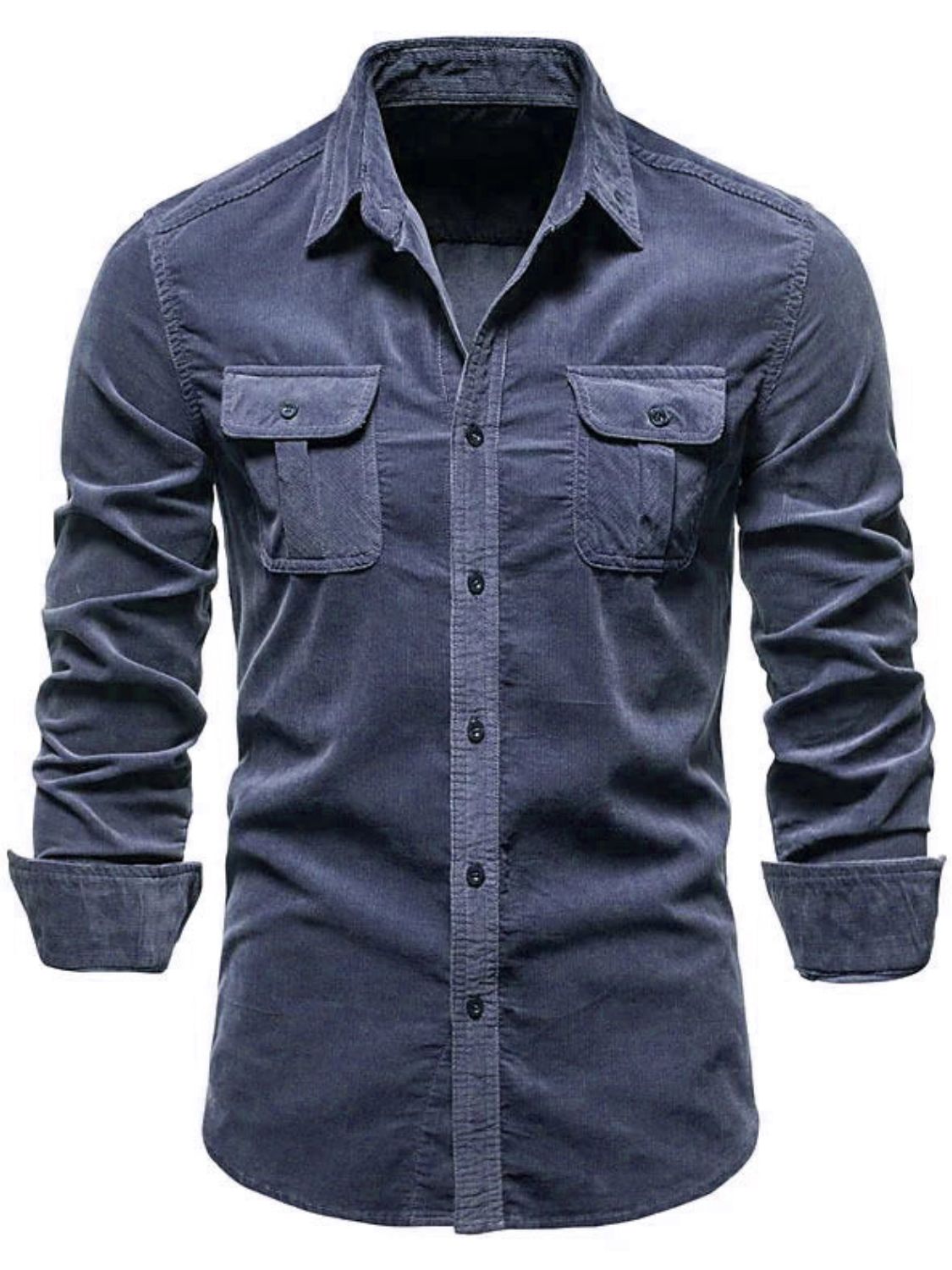 Men's full-size collared neck button-down shirt with chest pockets, slightly stretchy.