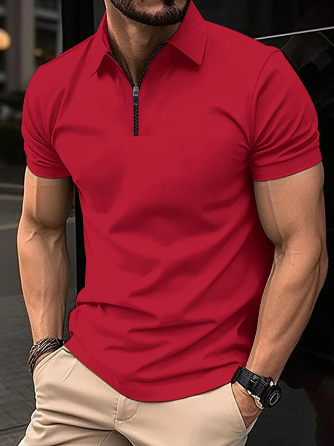 Men's full size red collared neck short sleeve polo shirt with stretchy fabric.