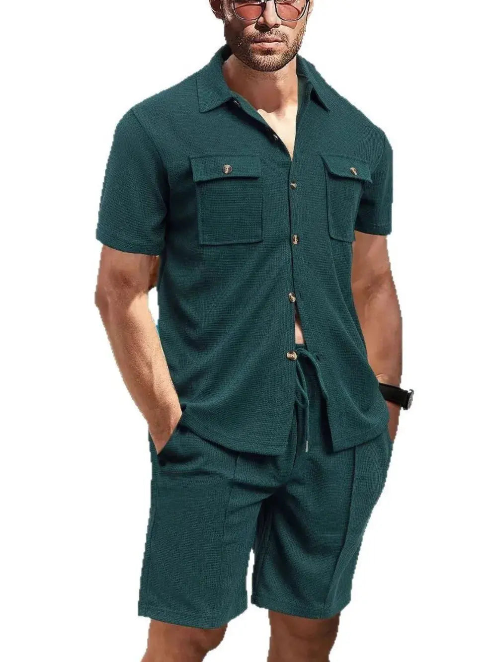 MENLL Button Down Set Men's Casual Short Sleeve Top & Shorts Plus Size Summer Outfit by MENLL