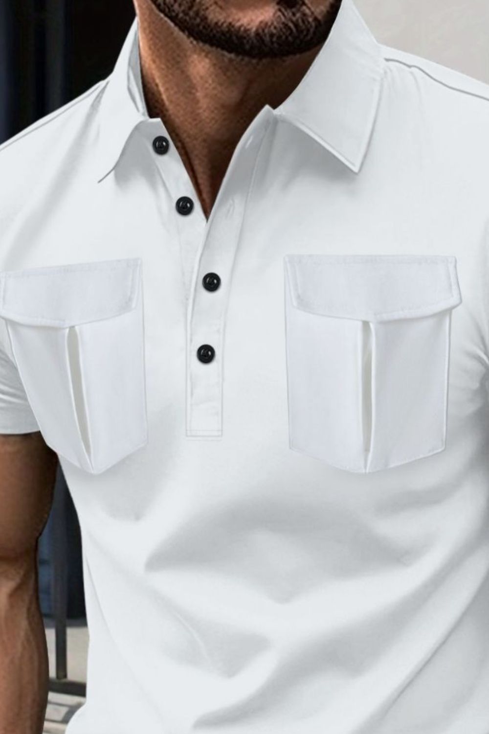Men's full size collared short sleeve polo with pockets, slightly stretchy polyester.