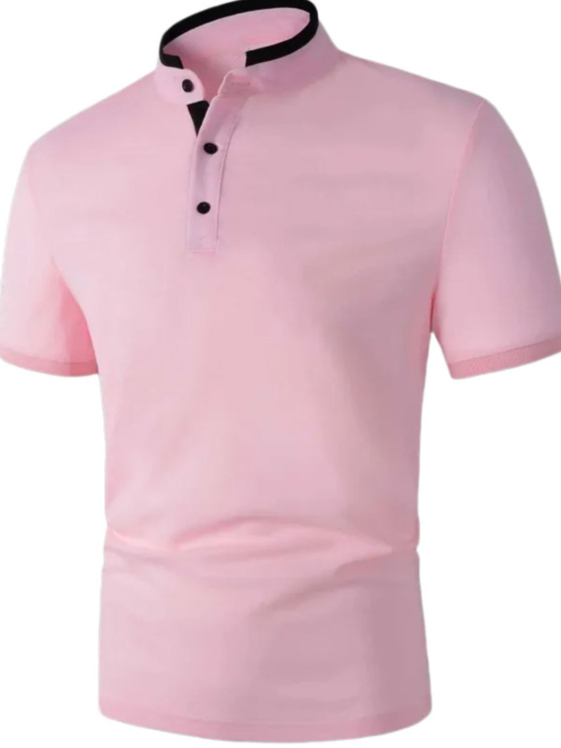 Men's full size stand collar contrast short sleeve polo in pink.