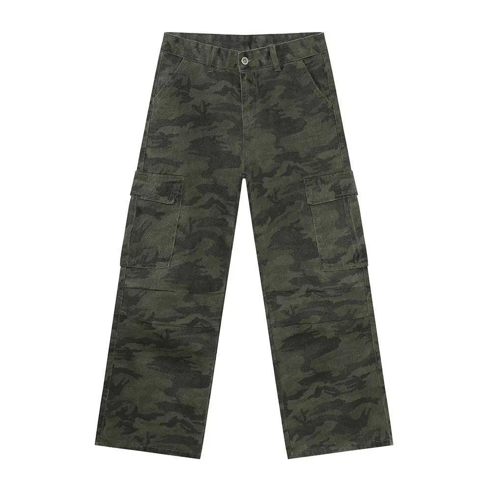 MENLL Camo Cargo Jeans Men's Dark Green Utility Pants Relaxed Fit by MENLL