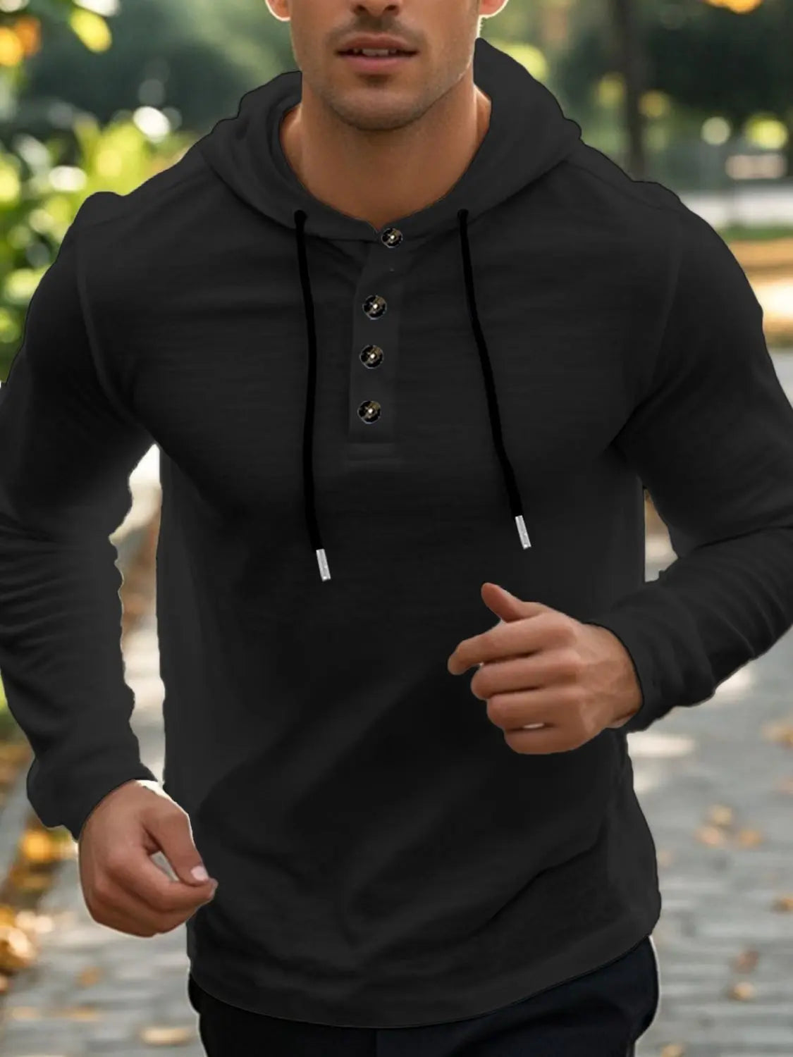 MENLL Blue Hoodie Men's Button Detail Drawstring Long Sleeve Jackets by MENLL