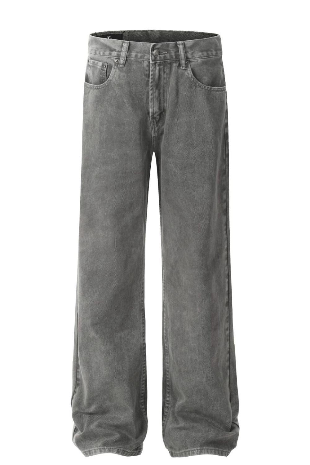 Men's straight leg jeans with pockets, basic style, cotton blend fabric, no stretch.