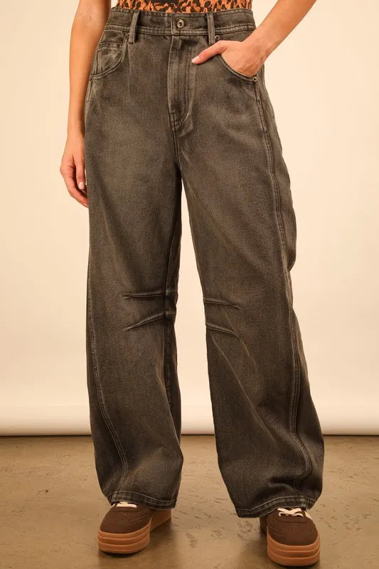 Wide leg comfy jeans with a pocketed, washed design, offering a modern and flattering fit.