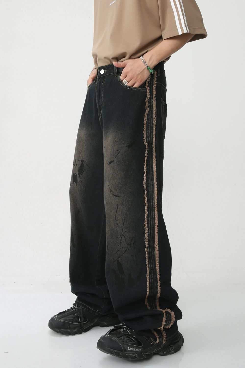 Raw Edge Mid Rise Men's Jeans, black, side view, no stretch, 85% cotton, 15% polyester.