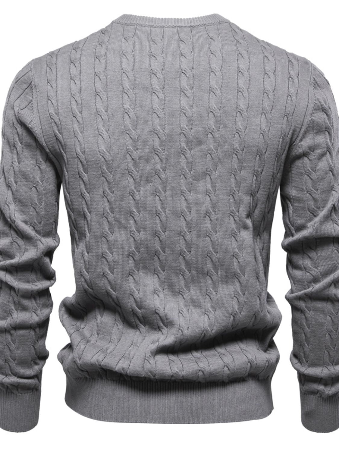 Men's cable-knit round neck long sleeve sweater in gray, featuring an embroidered design.