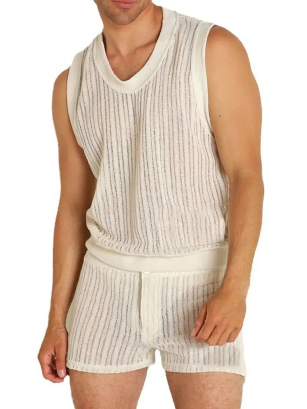 MENLL Cream Tank & Shorts Set Men's Loungewear Plus Size Comfortable Fit by MENLL
