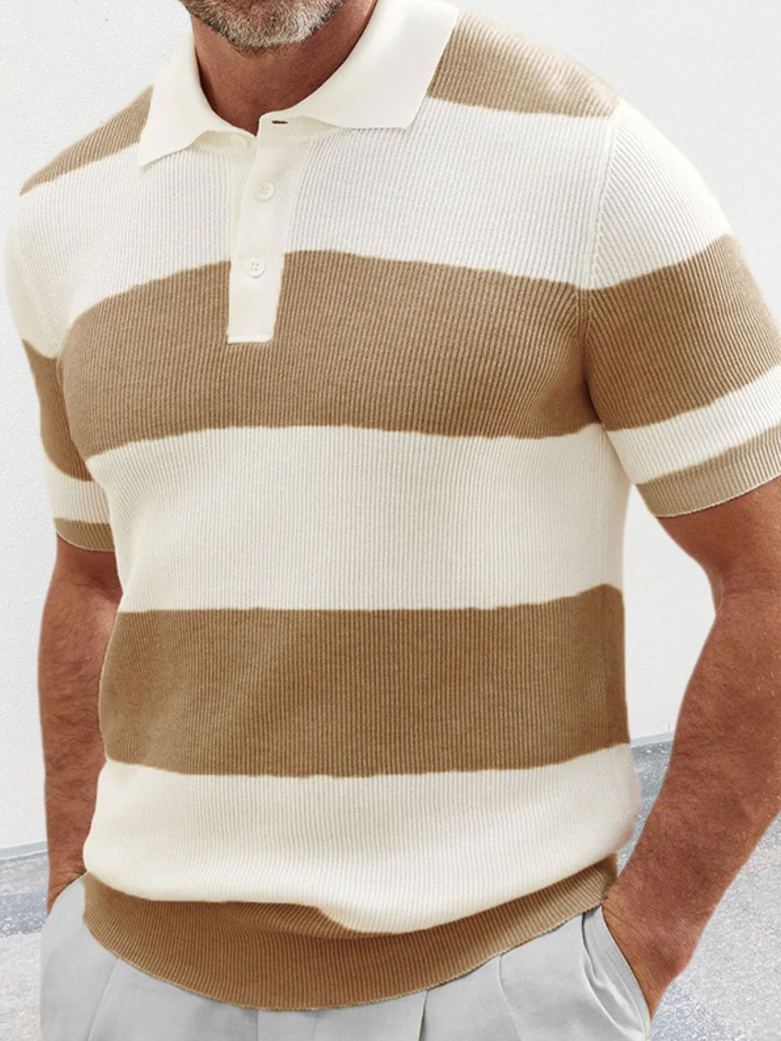 Men's plus size striped ribbed knit polo shirt with collared neck.