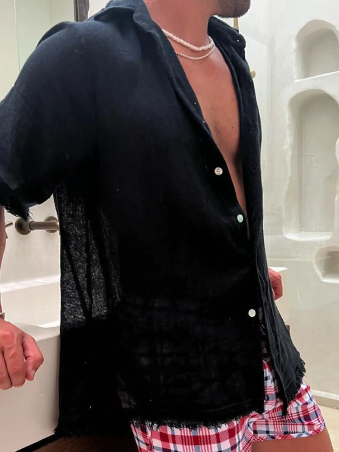 MENLL Plus Size Beige Shirt Men's Casual Button Down Polyester Top Raw Hem by MENLL