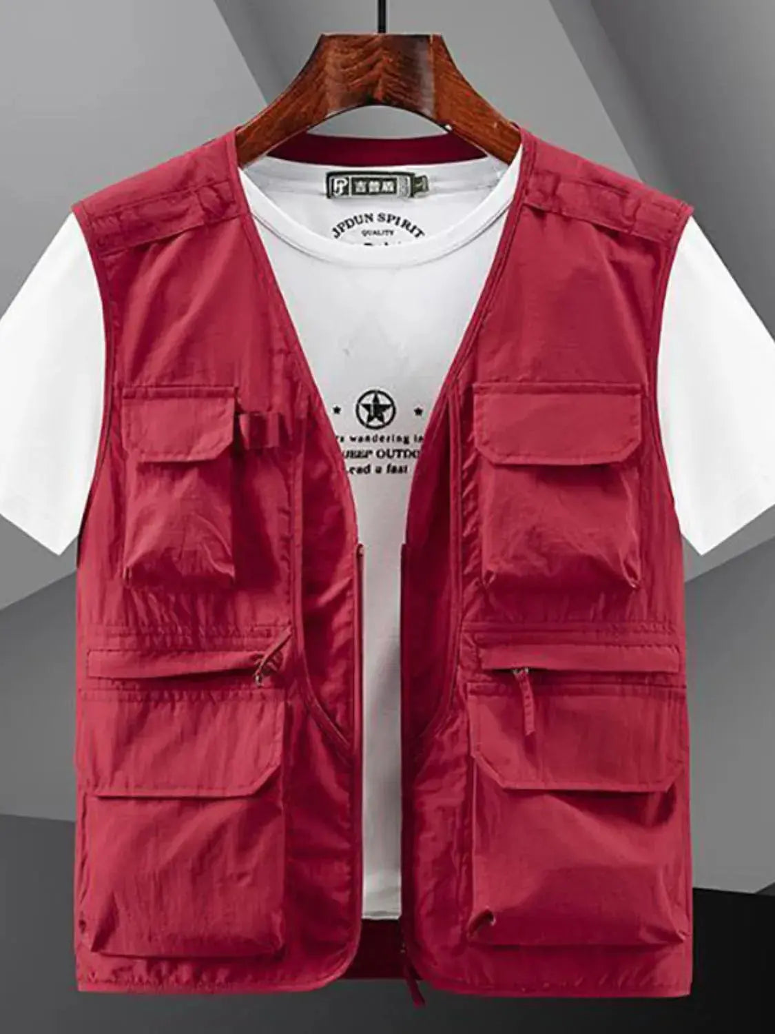 MENLL Beige Plus Size Vest Men's V-Neck Zip Up Layering Casual Vest by MENLL