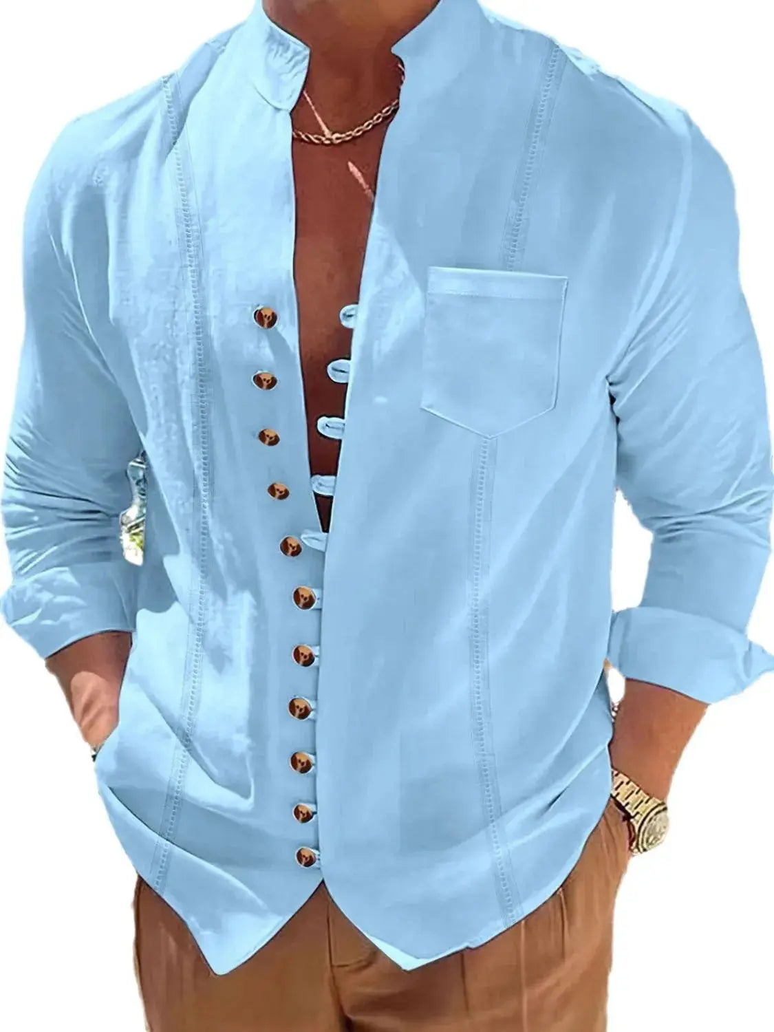 MENLL Beige Plus Size Shirt Men's Casual Button Up Long Sleeve by MENLL