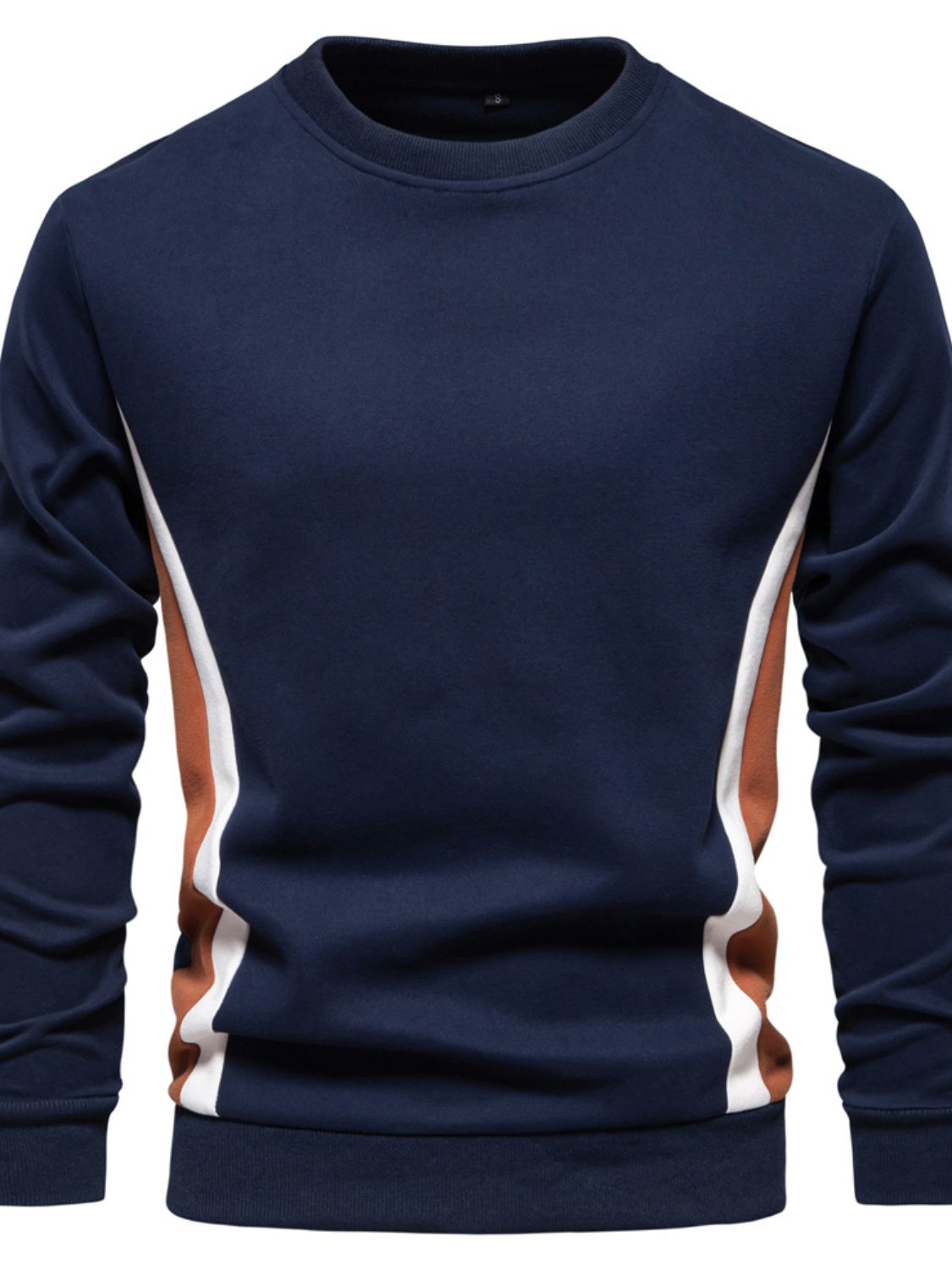 Men's side striped contrast round neck sweatshirt, slightly stretchy, cotton-poly blend.