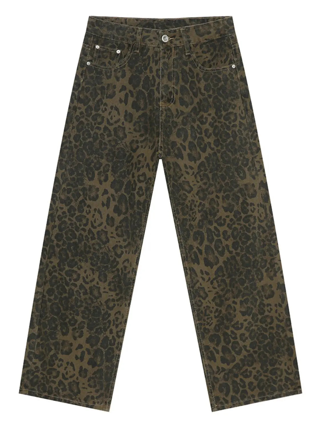 MENLL Leopard Jeans Women's Casual Wide Leg Denim Pants with Pockets by MENLL