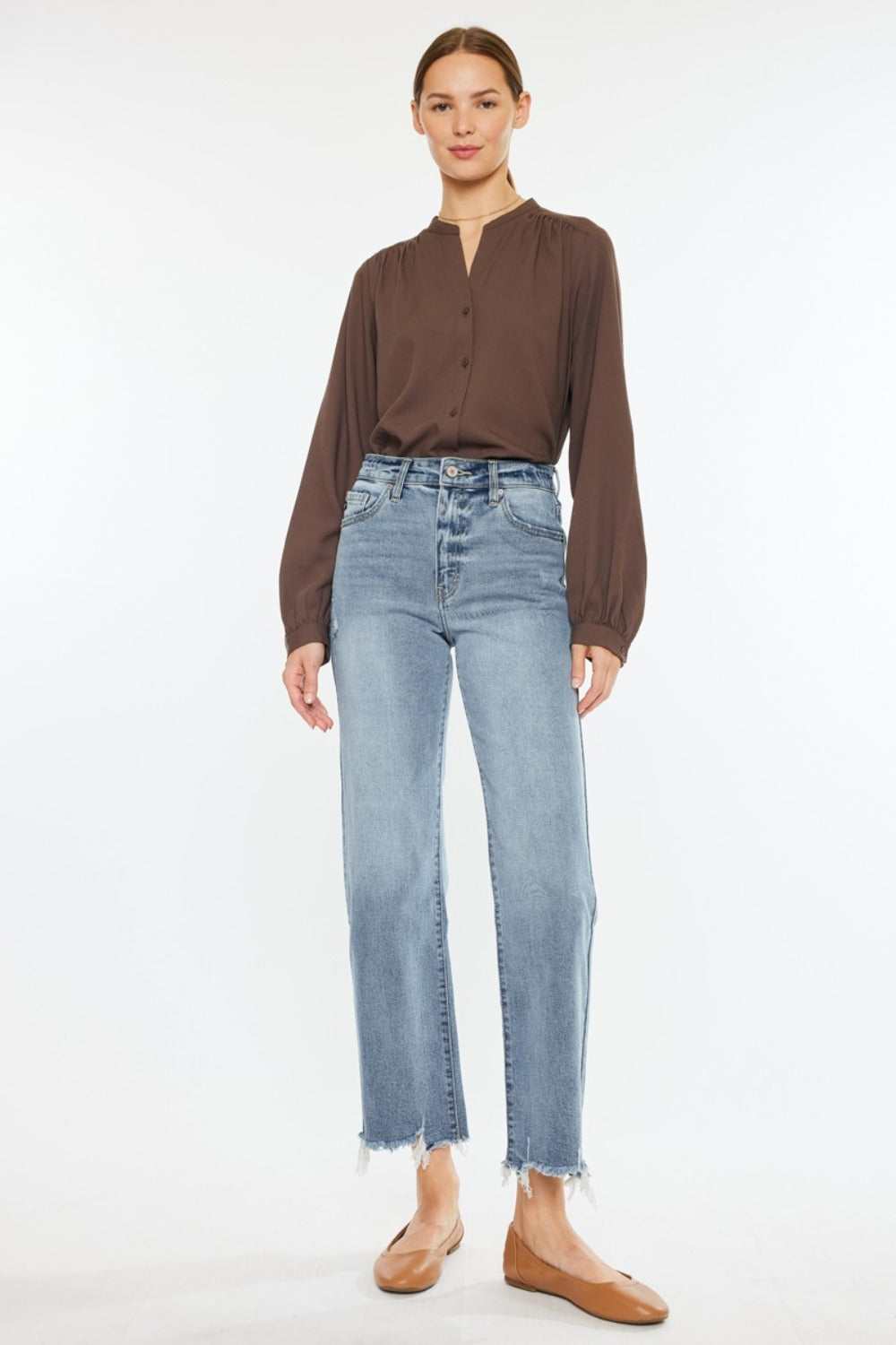 High Rise Slim Wide Leg Jeans in Light Wash with Raw Hem and 5-Pocket Style.