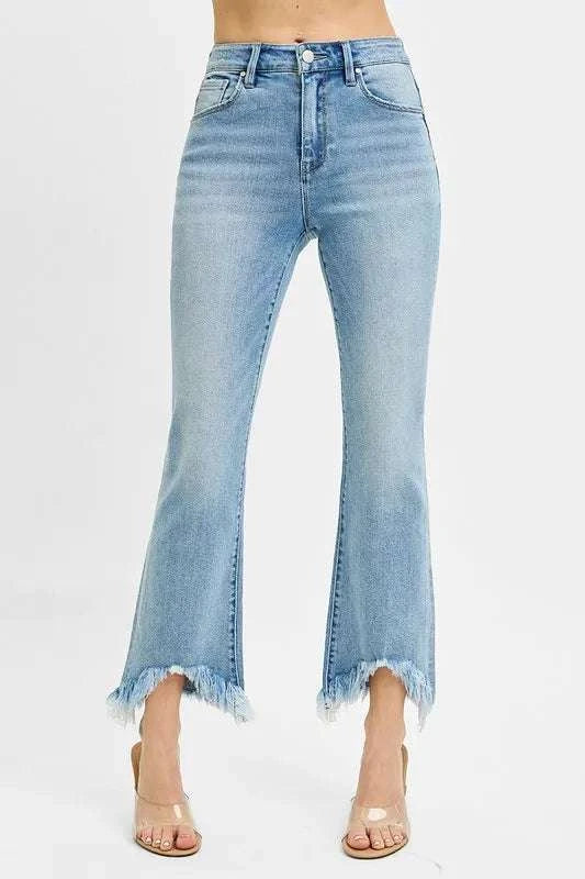 High Rise Crop Bootcut Fray Hem Jeans with trendy silhouette and raw hem detailing.