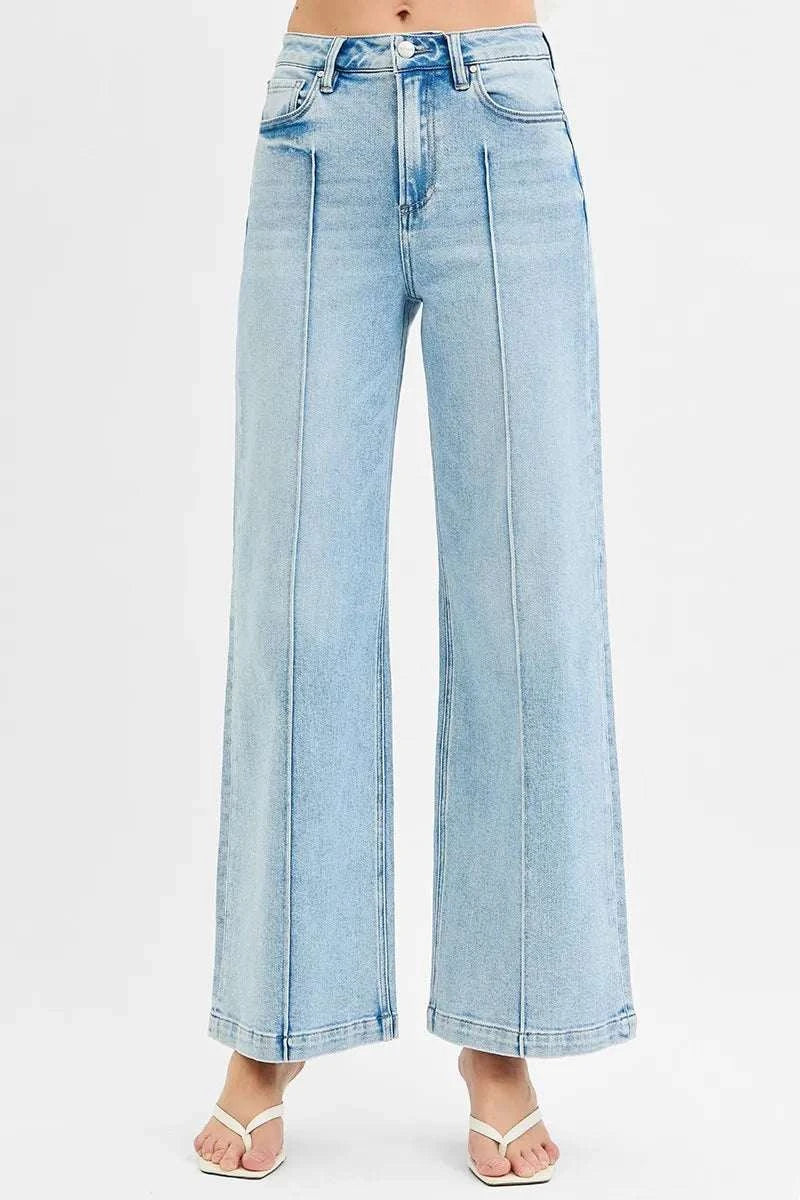 High waist wide leg pintuck detailed jeans, full size.