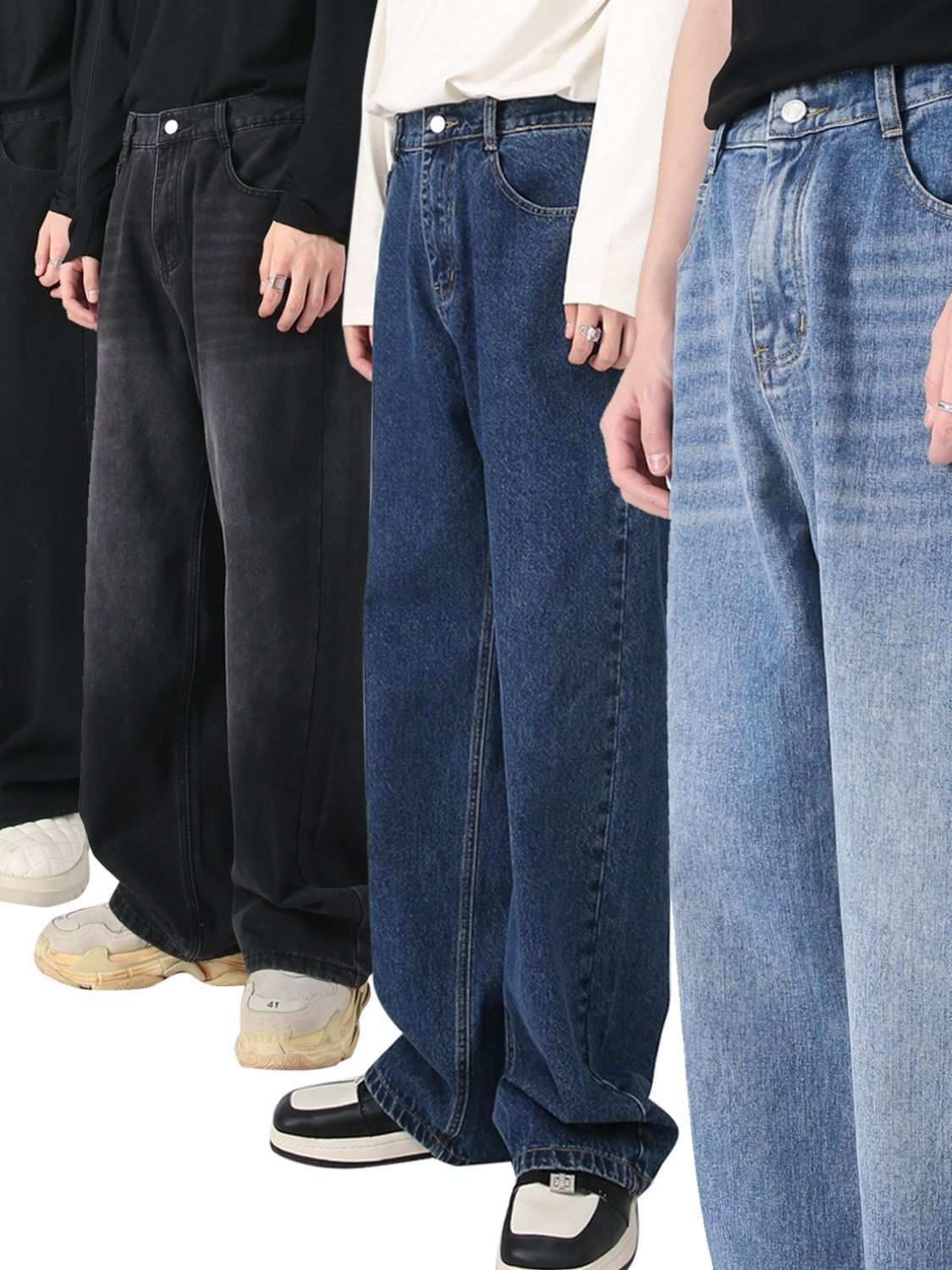 Baggy jeans with pockets in various shades and sizes.