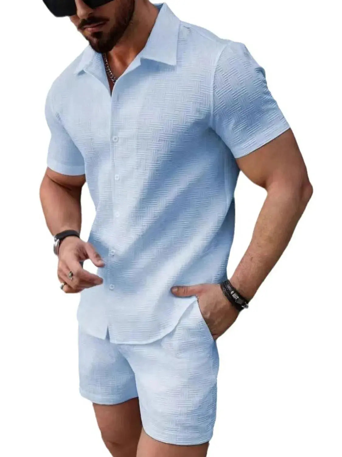 MENLL Blue Shirt & Shorts Men's Casual Summer Set - Lightweight & Breathable by MENLL