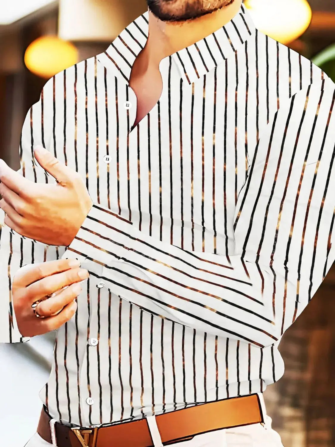 MENLL Light Blue Striped Shirt Men's Casual Long Sleeve Button Up Plus Size Fit by MENLL