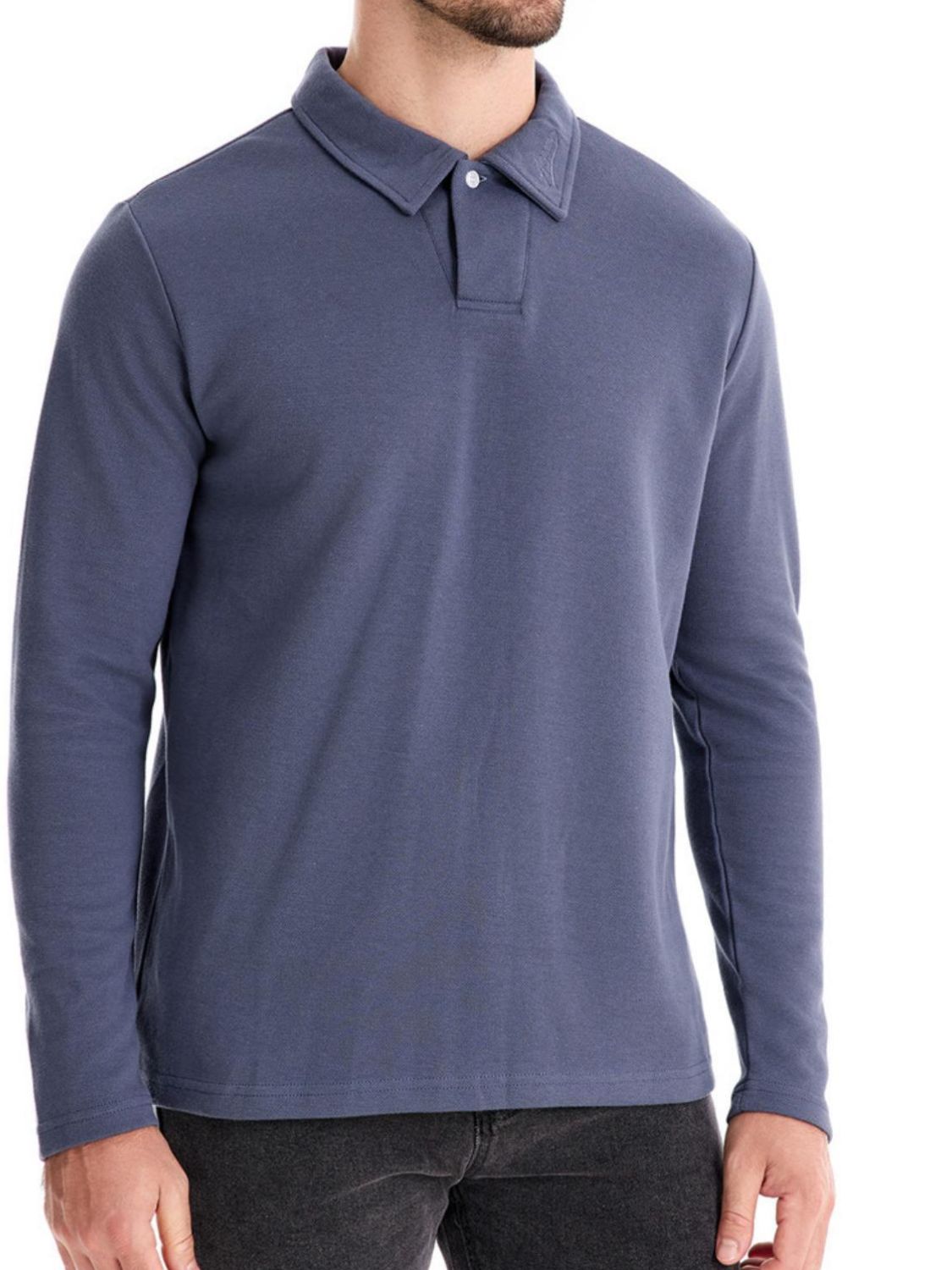 Men's collared neck long sleeve polo shirt, slightly stretchy cotton-poly blend.
