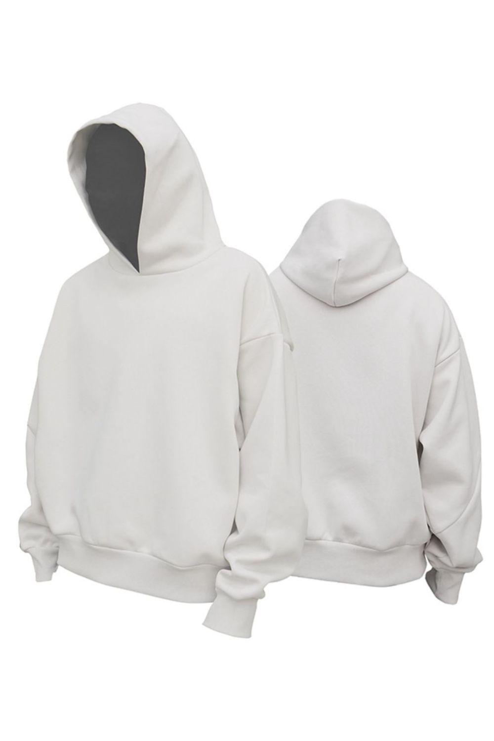 Men's drop shoulder long sleeve hoodie in light color, slightly stretchy cotton-polyester blend.