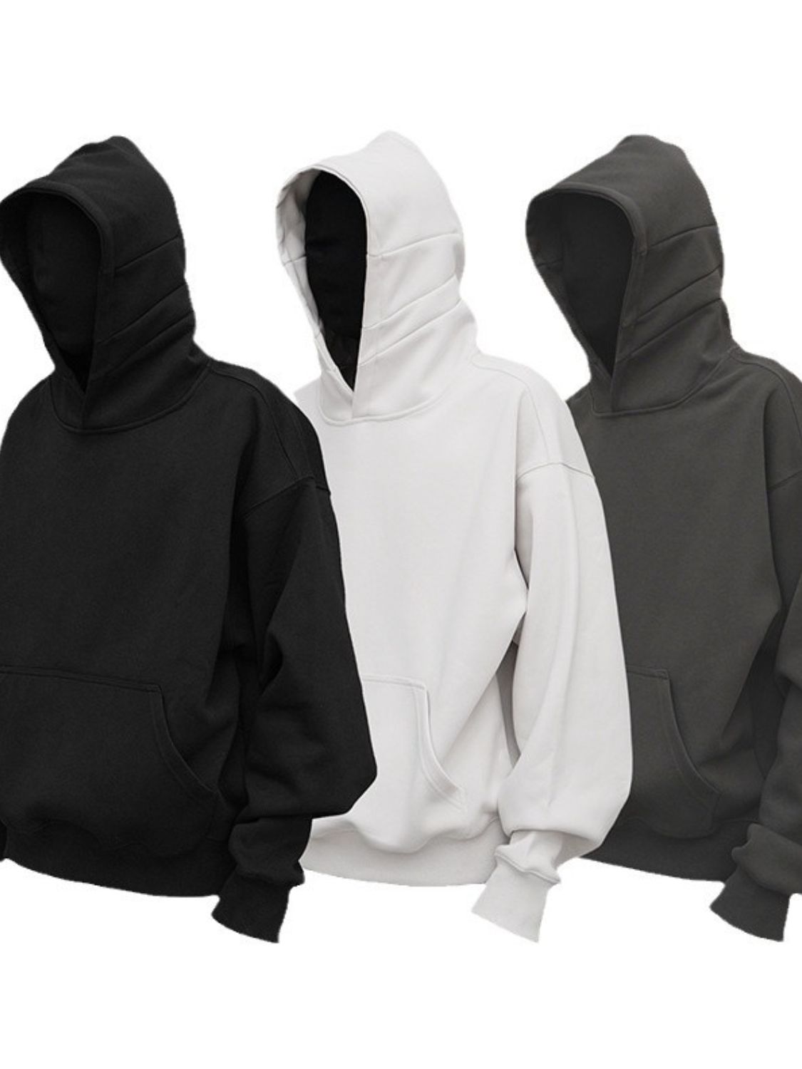 Men's drop shoulder long sleeve hoodie with pocket in black, white, and dark gray colors.