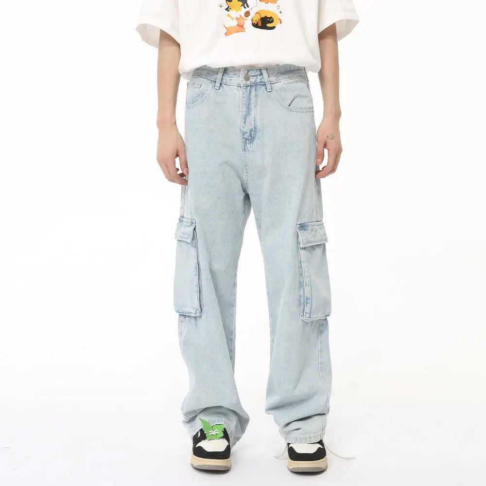 MENLL Washed Straight Cargo Jeans Men's Casual Pants Comfortable Fit by MENLL