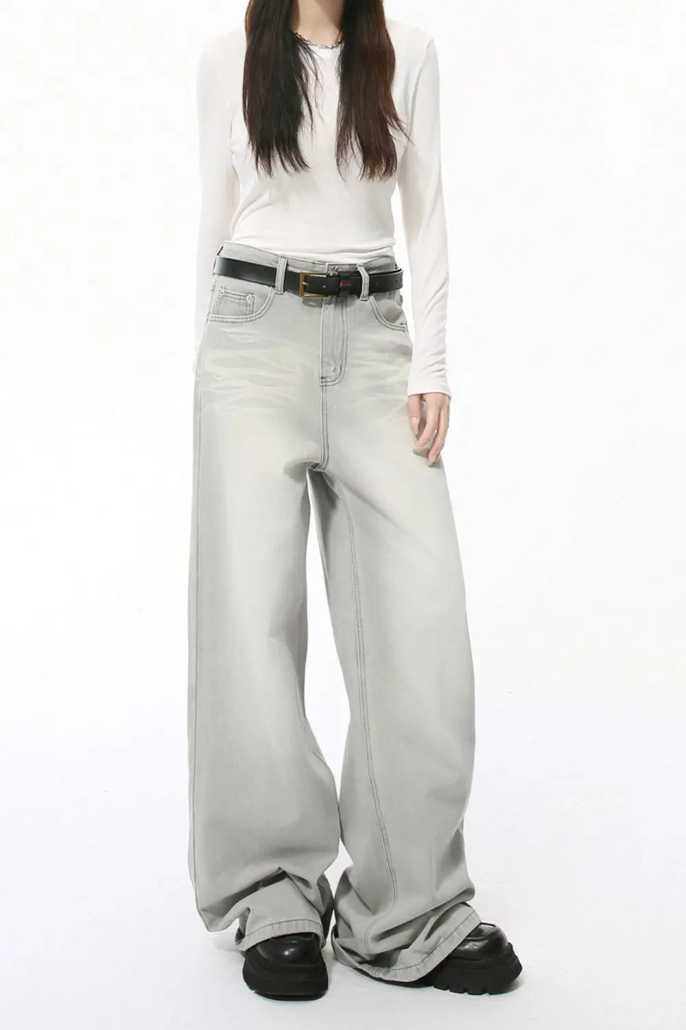 MENLL Wide Leg Jeans Women's Trendsi Casual Gray Pants with Pockets Durable by MENLL