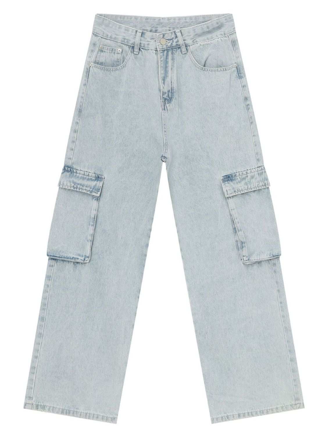 Men's wide leg jeans with cargo pockets, light wash, no stretch.