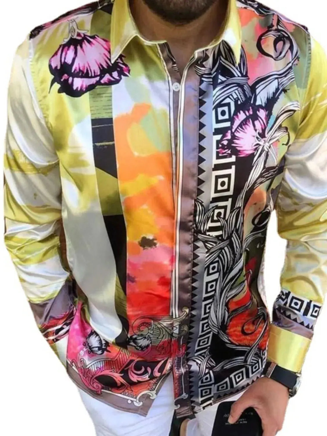 MENLL Plus Size Printed Shirt Men's Casual Long Sleeve Button-Up Top by MENLL