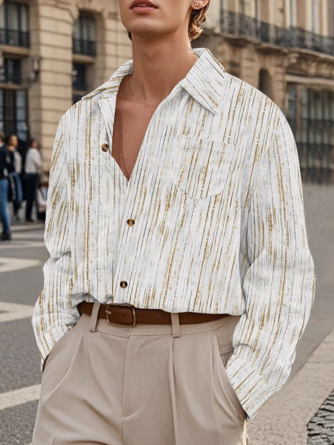 Men's full size button-down long sleeve striped shirt in white with brown stripes, slightly stretchy polyester material, pocketed, worn by model.