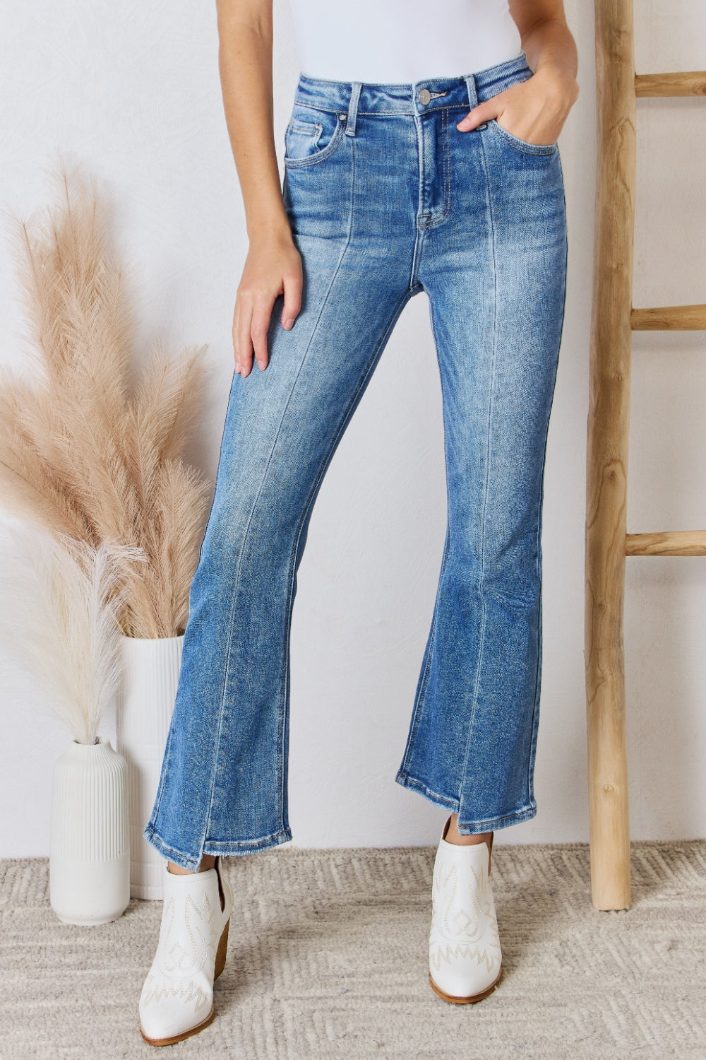 Full Size High Rise Ankle Flare Jeans in denim, showing a flattering high-rise waist and ankle flare design.
