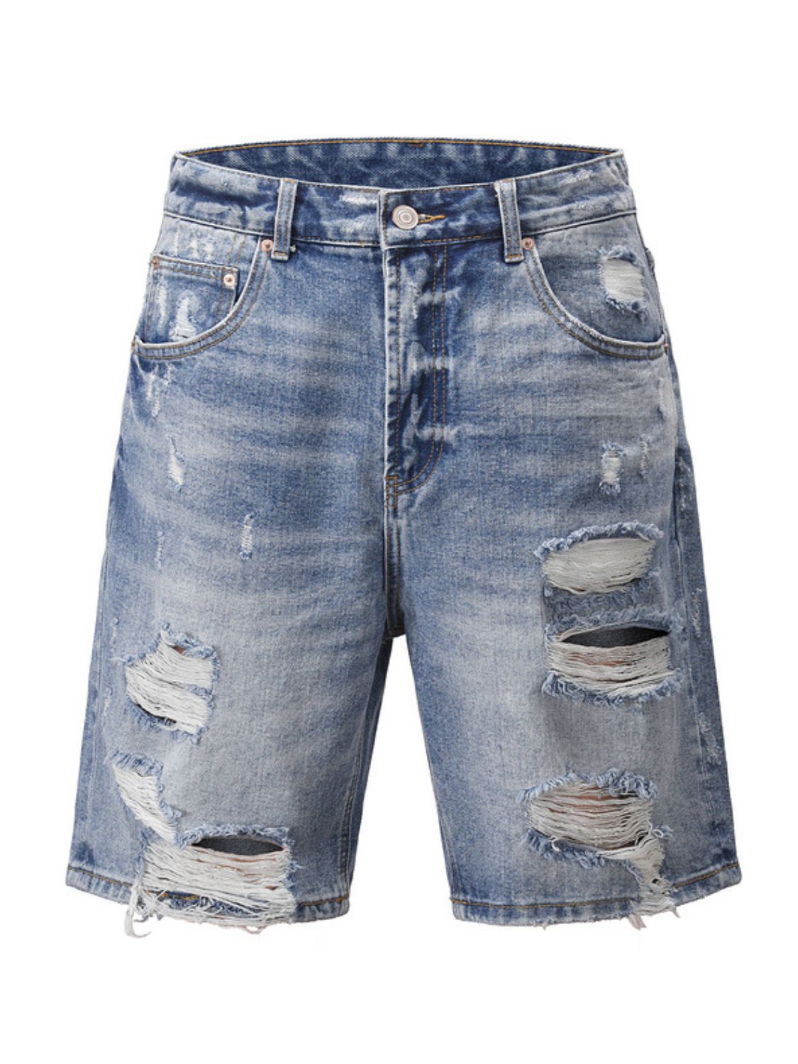 Men's distressed denim Bermuda shorts with slight stretch and ripped design.