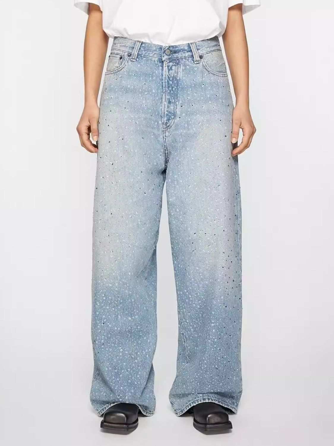 Men's washed rhinestone print jeans with wide fit and classic styling.