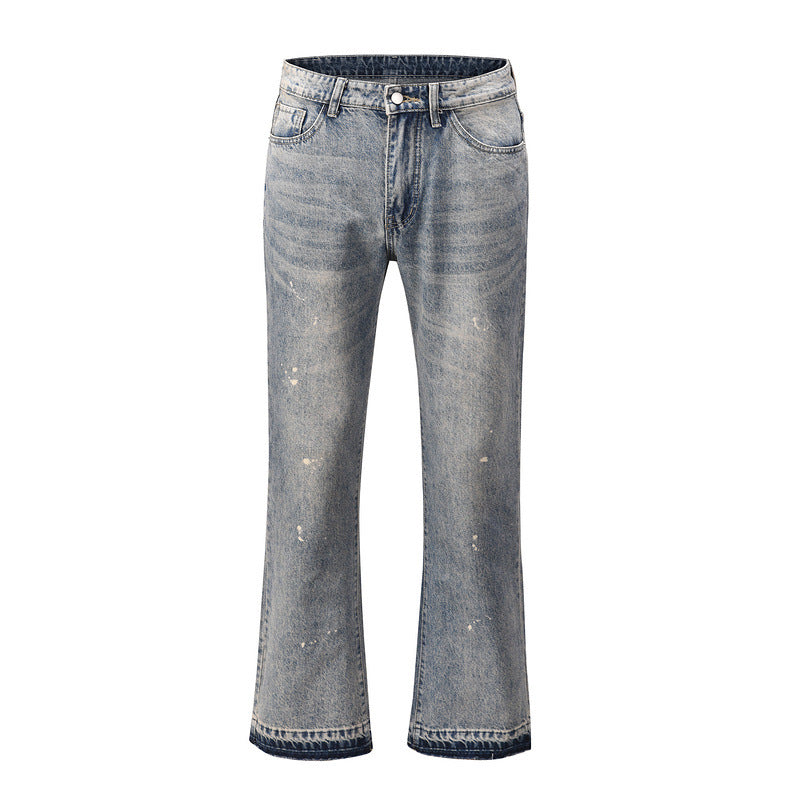 Men's frayed hem bootcut jeans with no stretch, crafted from cotton, polyester, and viscose blend.