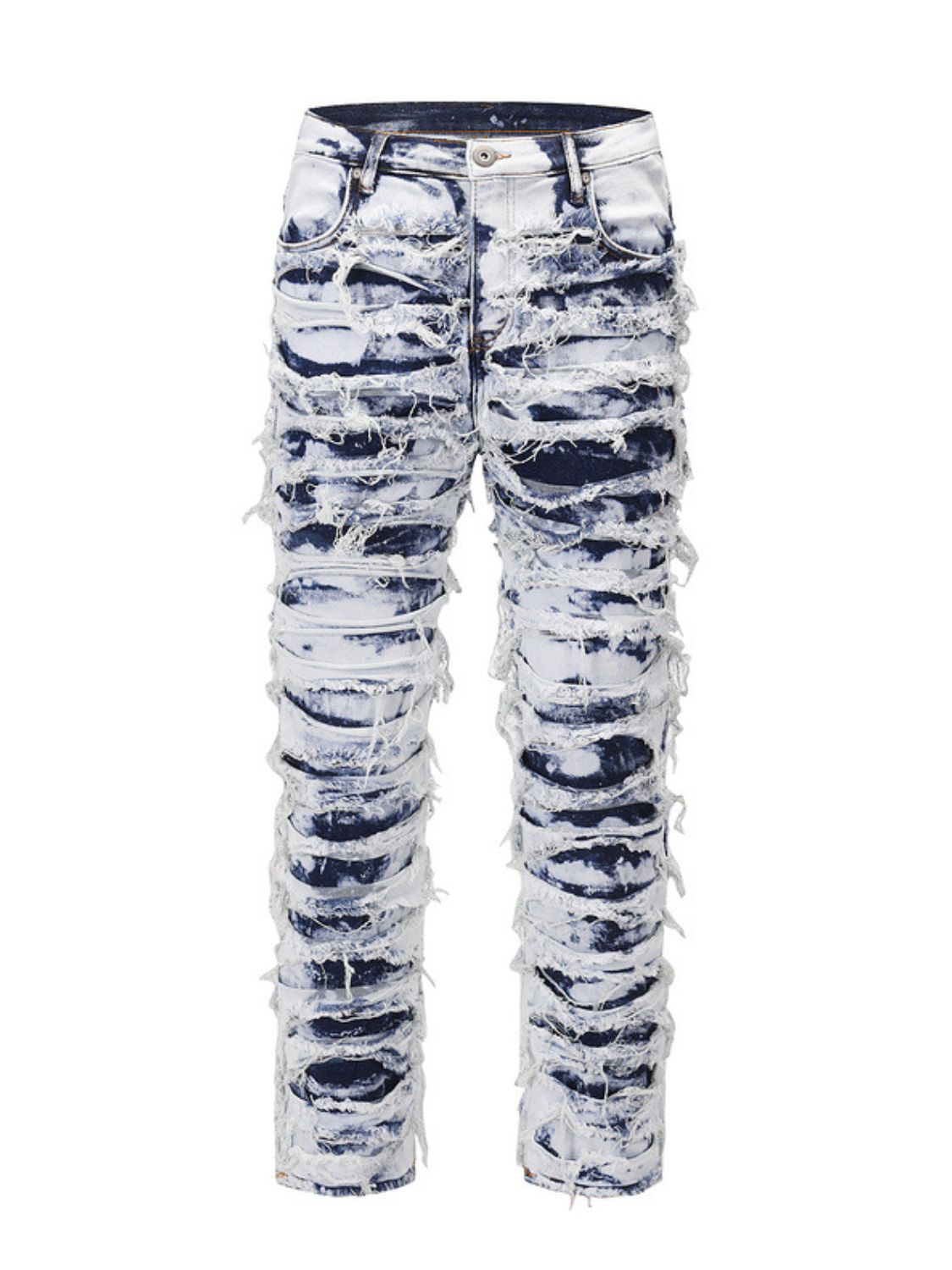 Men's distressed raw hem straight jeans in blue with rugged design.